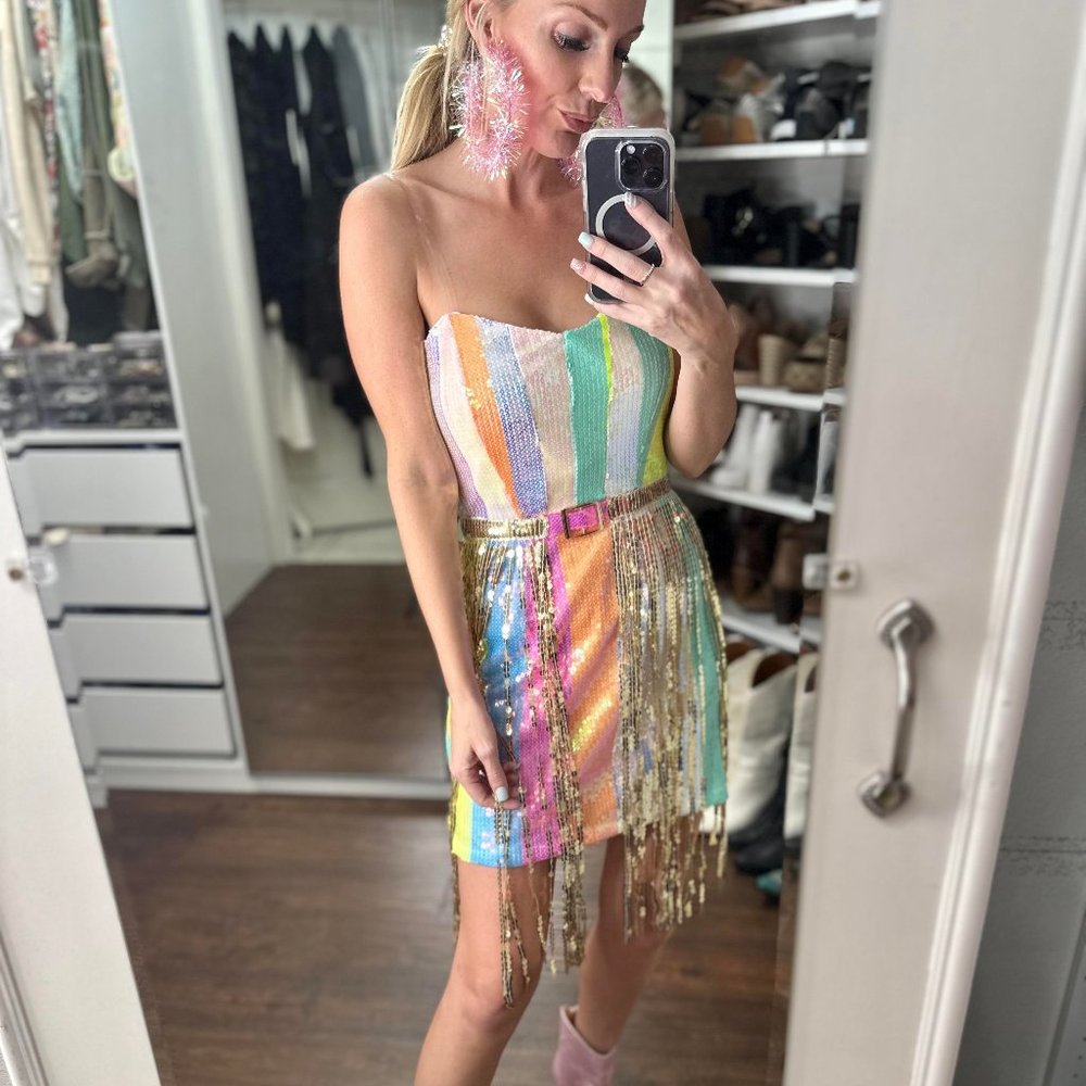 Valentina Rainbow Sequin Dress with Gold Fringe Belt and Bandana